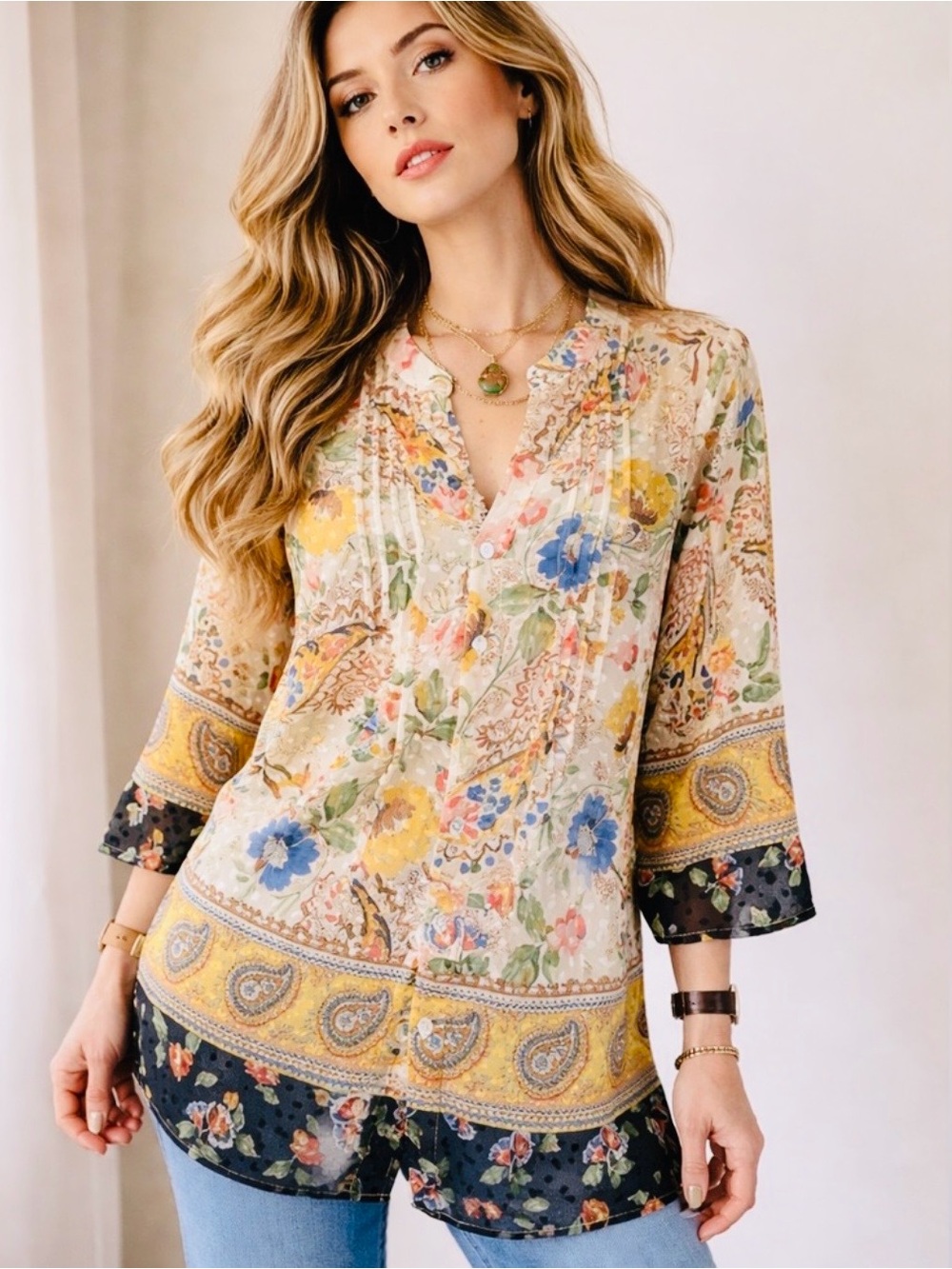 fig and flower 🌼 anthropologie Cream Floral Button-Down Tunic - Picture 5 of 8